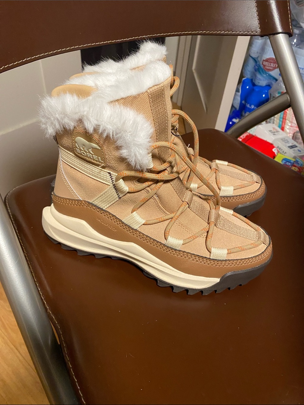 Sorel Tan and White Faux Fur Lace-Up Ankle Boots